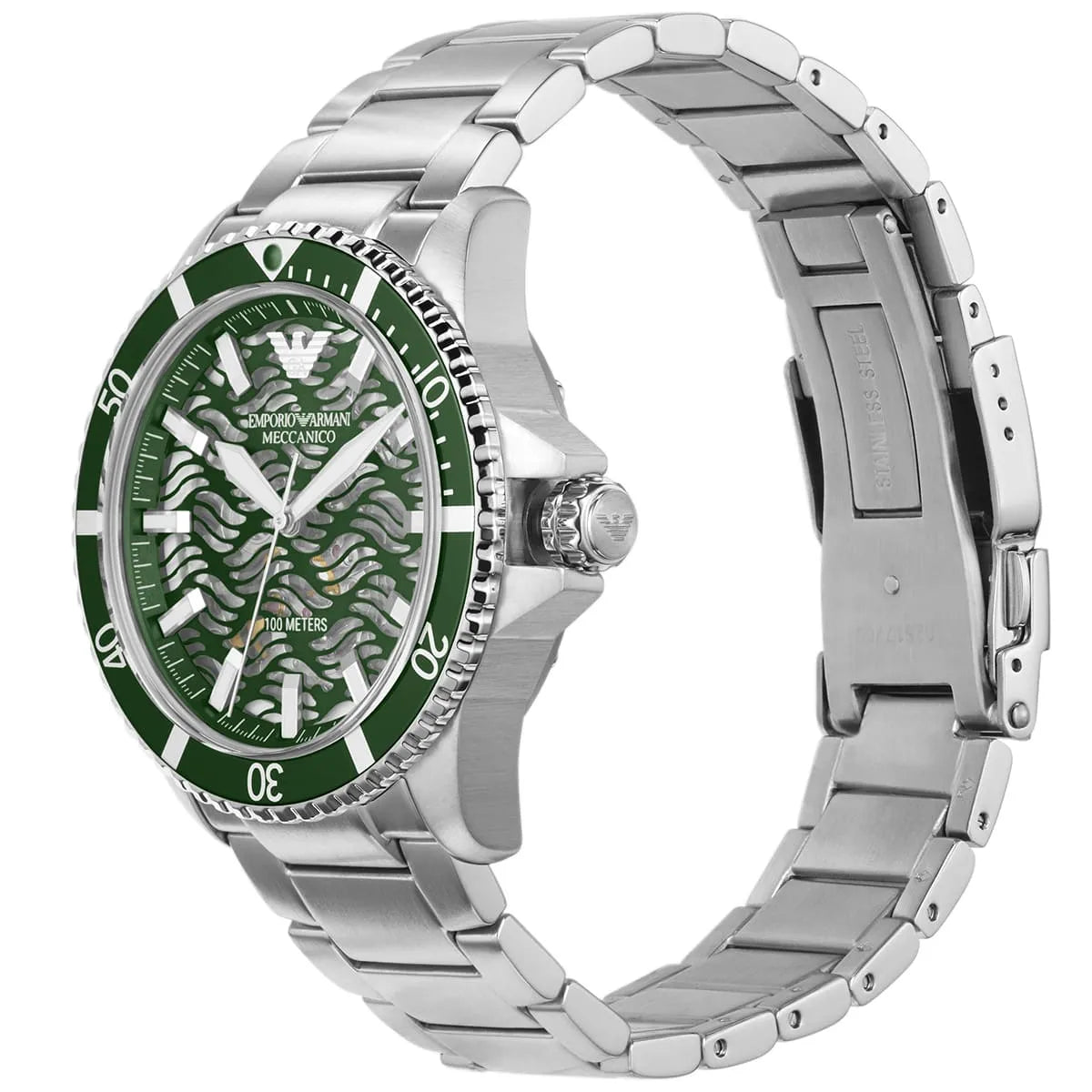 Emporio Armani Meccanico AR60061 Men's Automatic Watch – Green Skeleton & Silver-Tone Stainless Steel Bracelet
