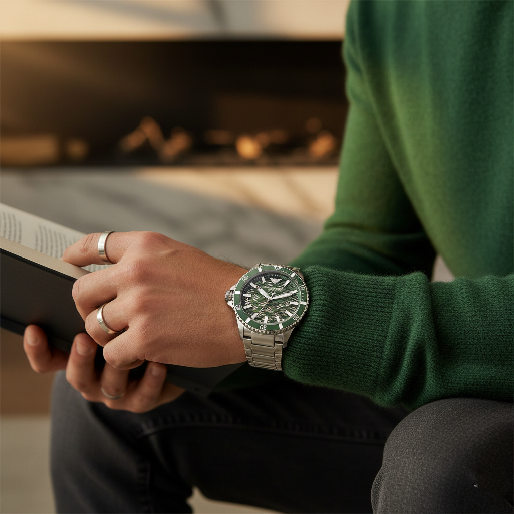Emporio Armani Meccanico AR60061 Men's Automatic Watch – Green Skeleton & Silver-Tone Stainless Steel Bracelet