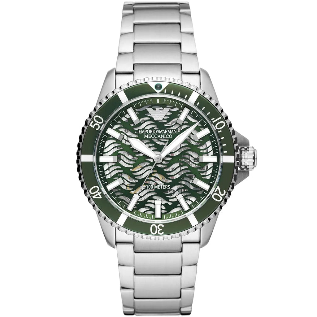 Emporio Armani Meccanico AR60061 Men's Automatic Watch – Green Skeleton & Silver-Tone Stainless Steel Bracelet