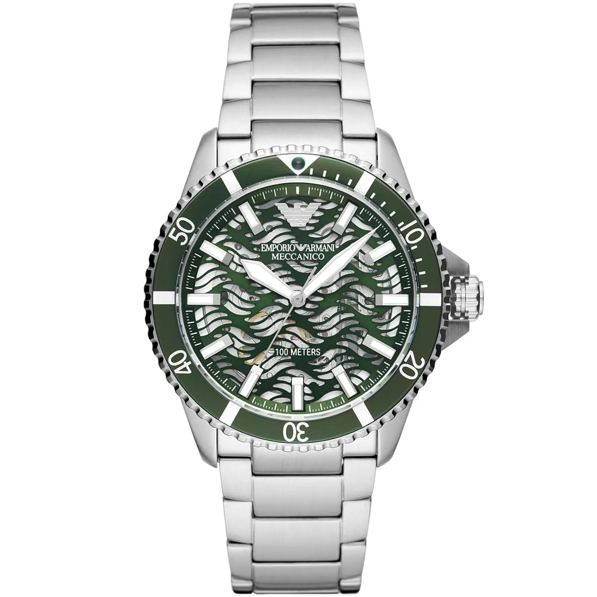 Emporio Armani Meccanico AR60061 Men's Automatic Watch – Green Skeleton & Silver-Tone Stainless Steel Bracelet