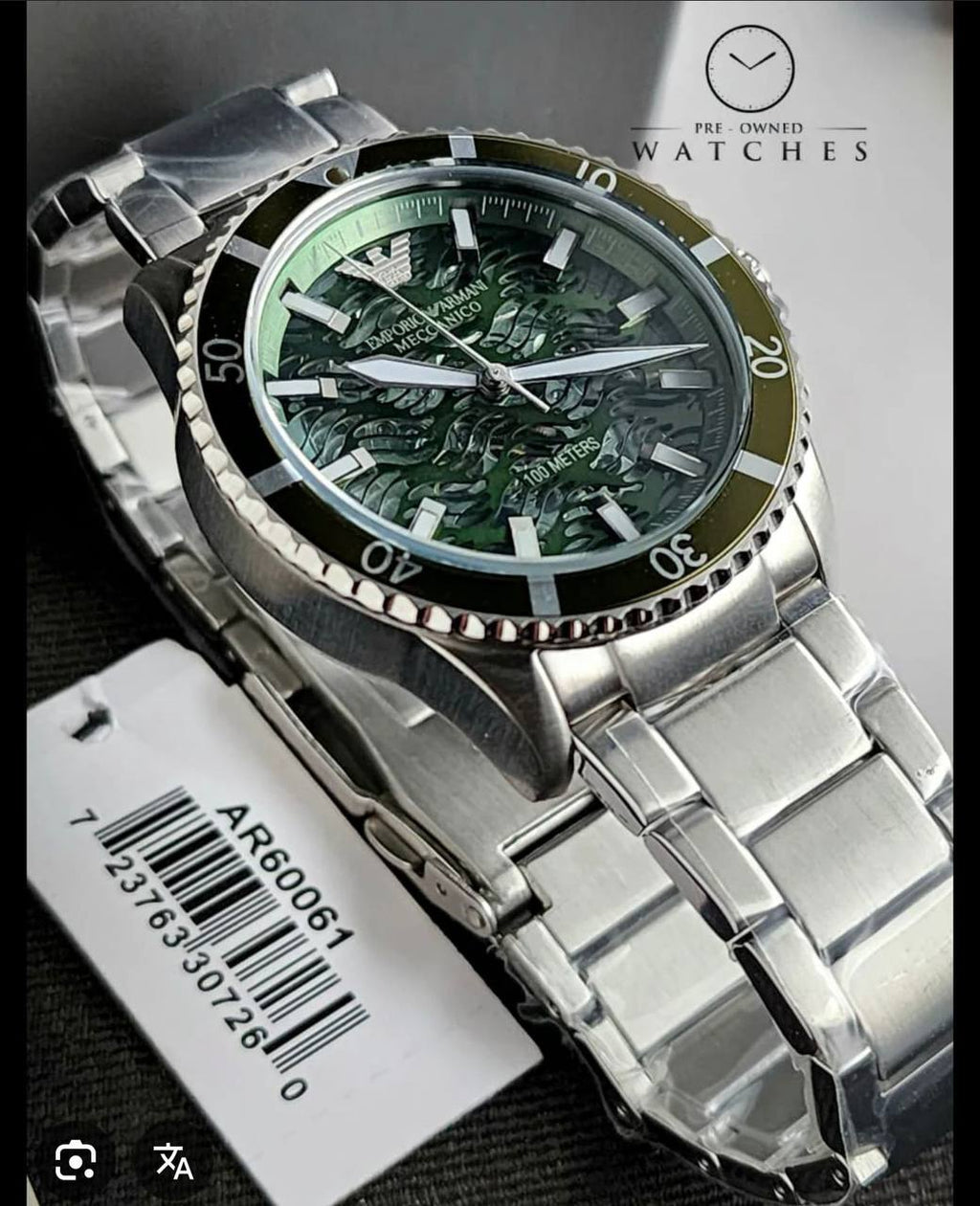 Emporio Armani Meccanico AR60061 Men's Automatic Watch – Green Skeleton & Silver-Tone Stainless Steel Bracelet