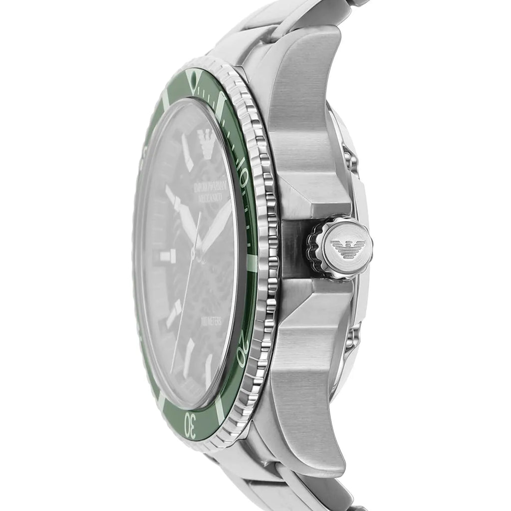 Emporio Armani Meccanico AR60061 Men's Automatic Watch – Green Skeleton & Silver-Tone Stainless Steel Bracelet