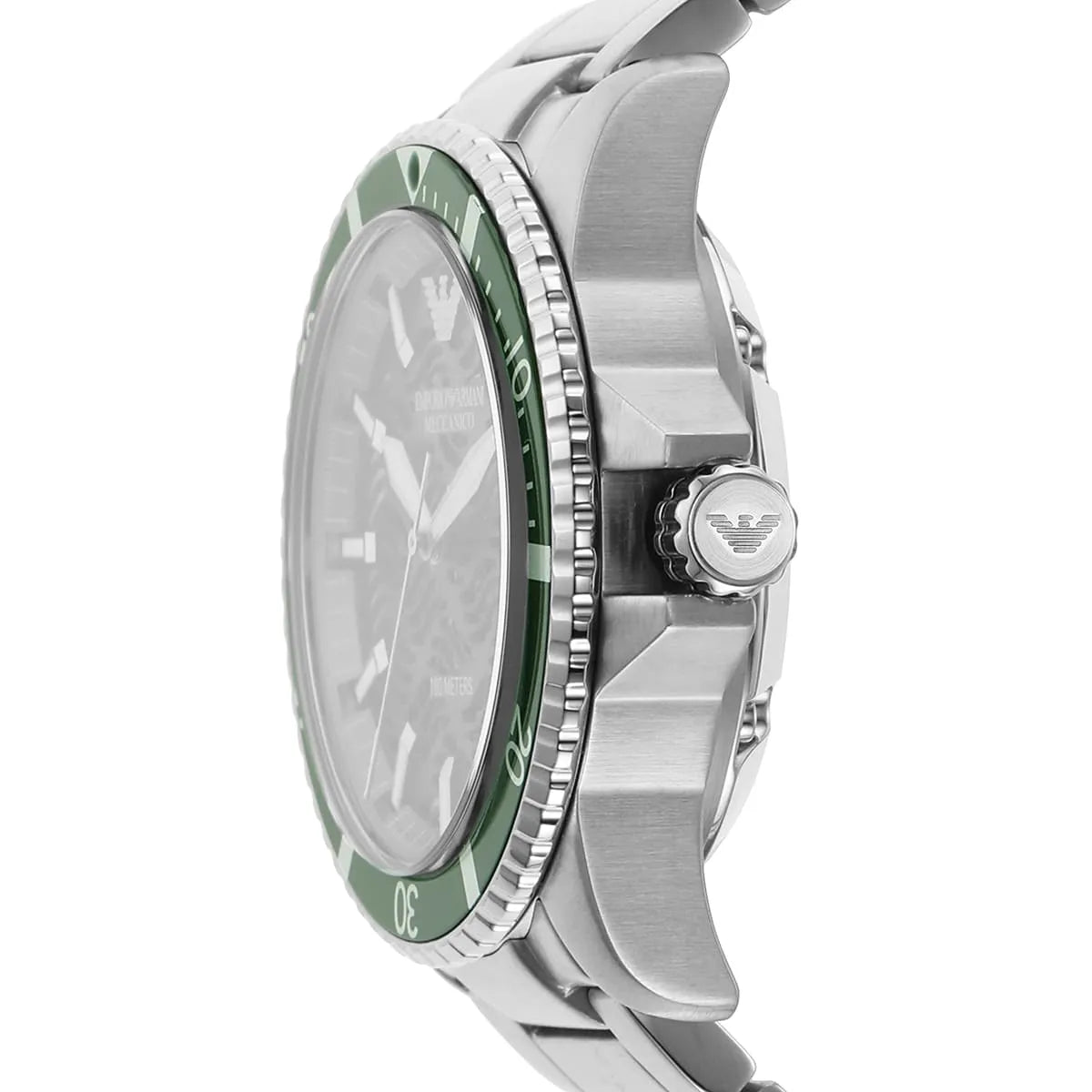 Emporio Armani Meccanico AR60061 Men's Automatic Watch – Green Skeleton & Silver-Tone Stainless Steel Bracelet