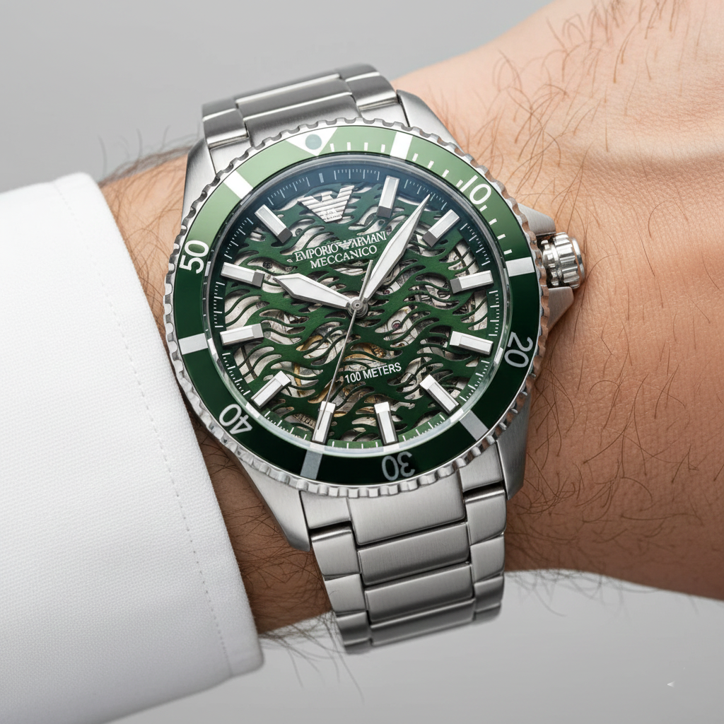 Emporio Armani Meccanico AR60061 Men's Automatic Watch – Green Skeleton & Silver-Tone Stainless Steel Bracelet