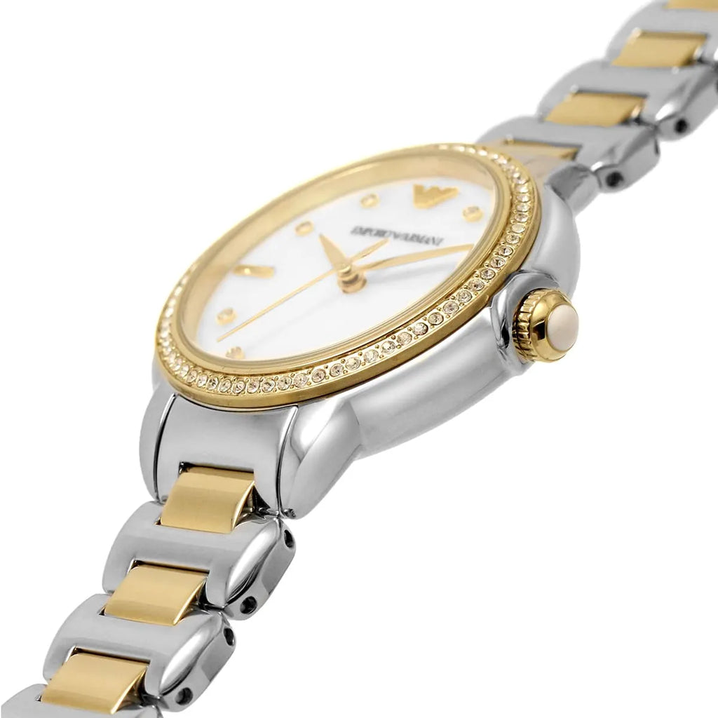Emporio Armani Mia AR11524 32mm Women's Quartz Watch – Mother-of-Pearl Crystal-Set Floral & Two-Tone Silver and Rose Gold Stainless Steel Bracelet