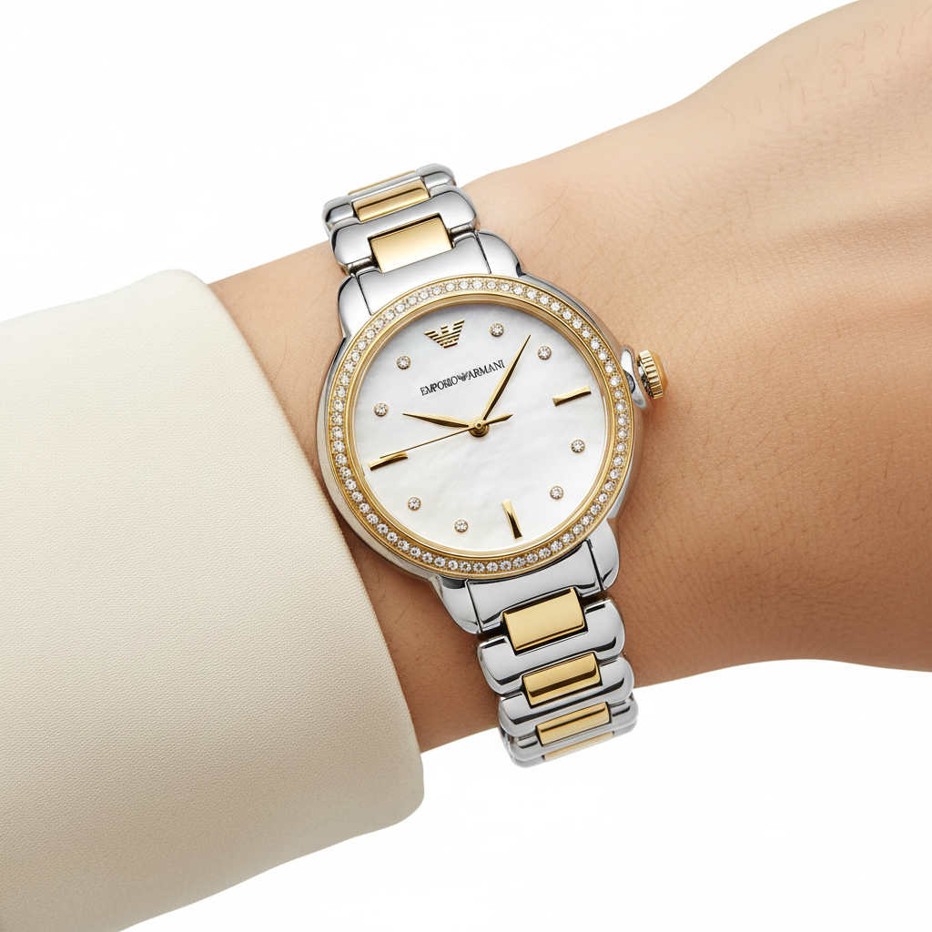 Emporio Armani Mia AR11524 32mm Women's Quartz Watch – Mother-of-Pearl Crystal-Set Floral & Two-Tone Silver and Rose Gold Stainless Steel Bracelet