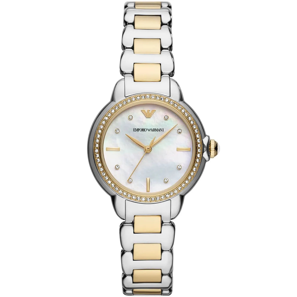 Emporio Armani Mia AR11524 32mm Women's Quartz Watch – Mother-of-Pearl Crystal-Set Floral & Two-Tone Silver and Rose Gold Stainless Steel Bracelet
