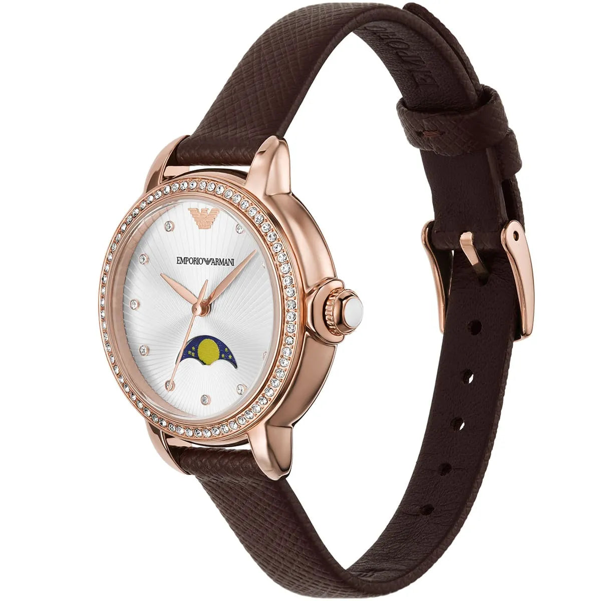 Emporio Armani Mia AR11568 32mm Women's Quartz Watch – White Crystal-Set & Brown Genuine Leather Strap