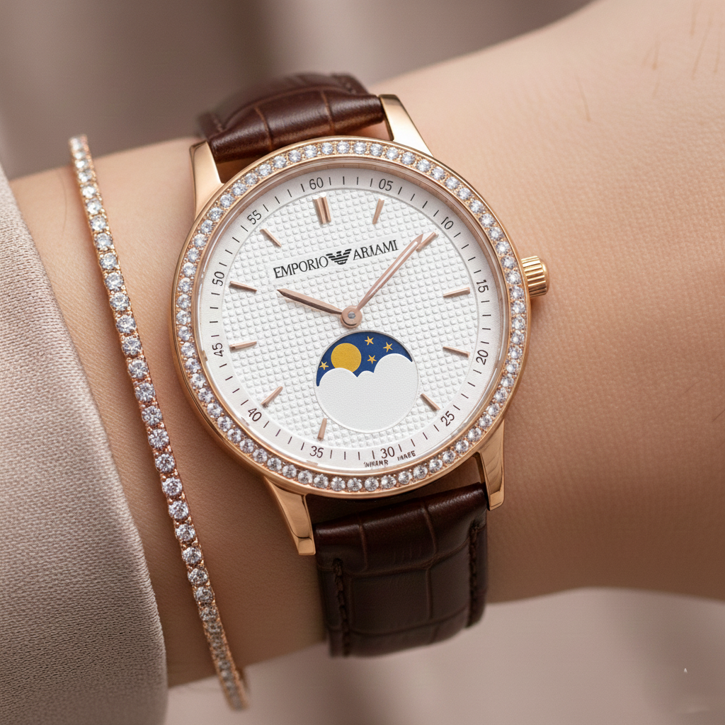 Emporio Armani Mia AR11568 32mm Women's Quartz Watch – White Crystal-Set & Brown Genuine Leather Strap