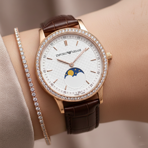 Emporio Armani Mia AR11568 32mm Women's Quartz Watch – White Crystal-Set & Brown Genuine Leather Strap