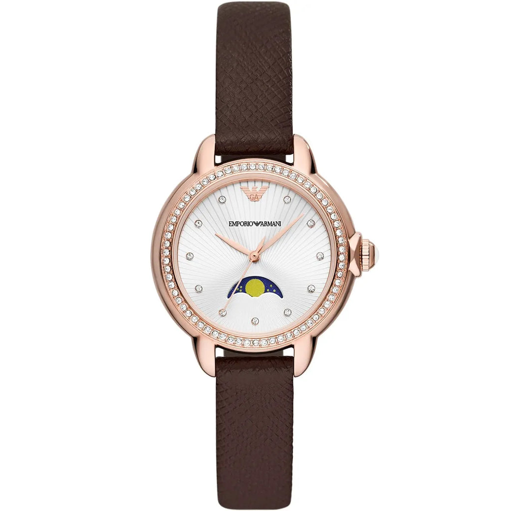 Emporio Armani Mia AR11568 32mm Women's Quartz Watch – White Crystal-Set & Brown Genuine Leather Strap