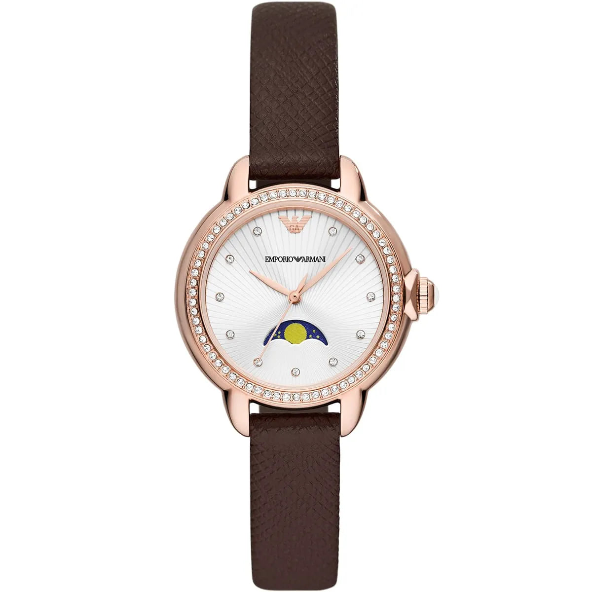 Emporio Armani Mia AR11568 32mm Women's Quartz Watch – White Crystal-Set & Brown Genuine Leather Strap