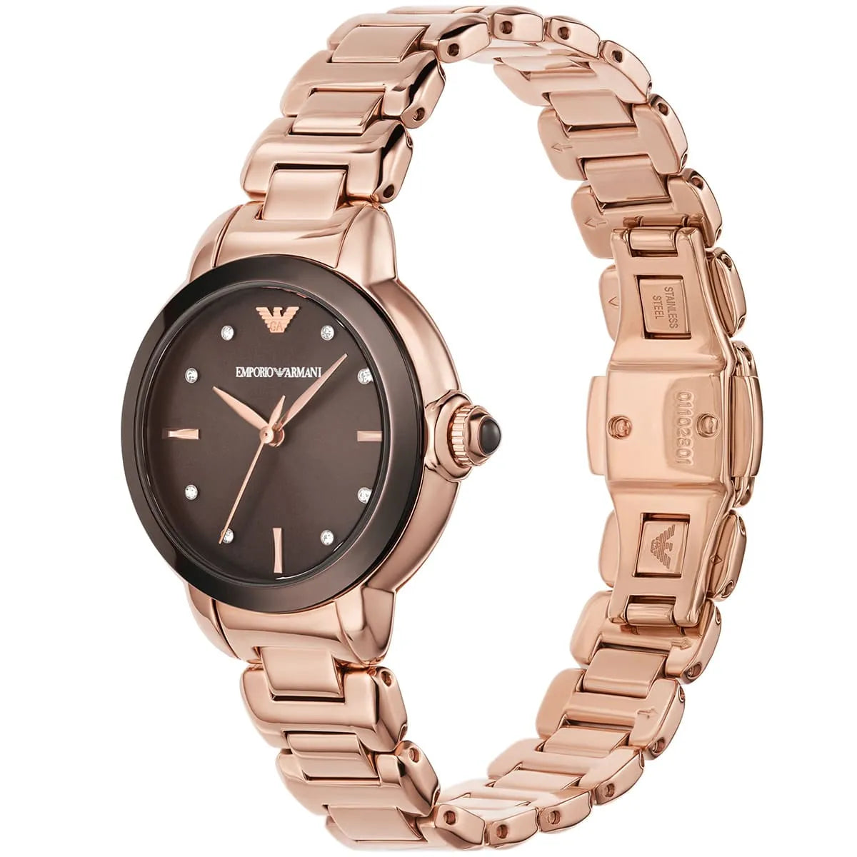 Emporio Armani Mia AR11570 32mm Women's Quartz Watch – Chocolate Crystal-Set Sunray & Rose Gold Stainless Steel Bracelet
