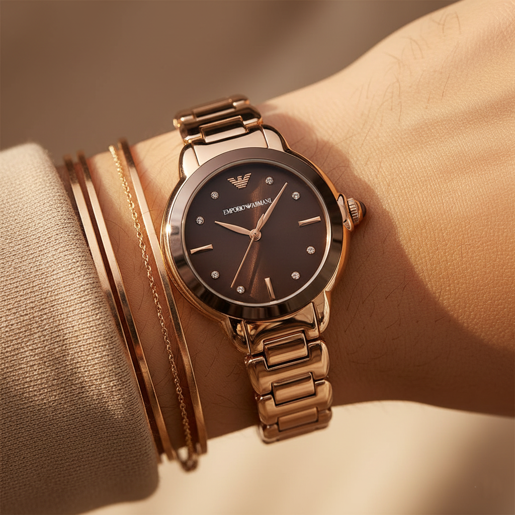 Emporio Armani Mia AR11570 32mm Women's Quartz Watch – Chocolate Crystal-Set Sunray & Rose Gold Stainless Steel Bracelet