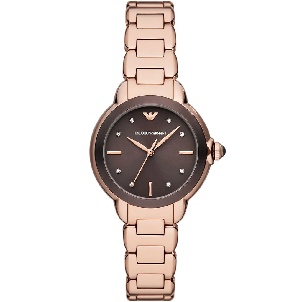 Emporio Armani Mia AR11570 32mm Women's Quartz Watch – Chocolate Crystal-Set Sunray & Rose Gold Stainless Steel Bracelet