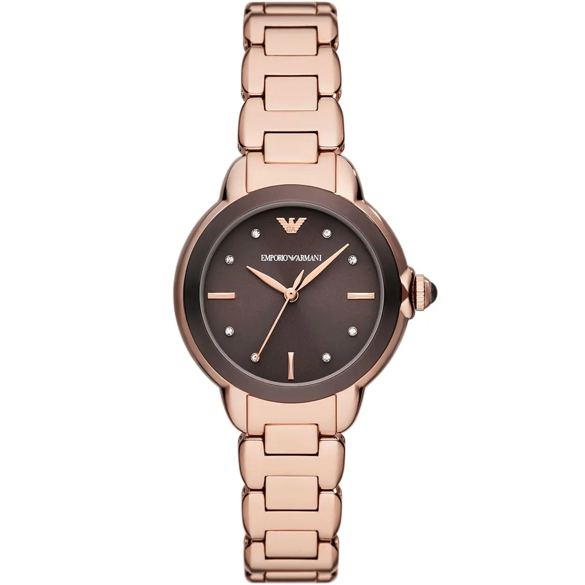 Emporio Armani Mia AR11570 32mm Women's Quartz Watch – Chocolate Crystal-Set Sunray & Rose Gold Stainless Steel Bracelet