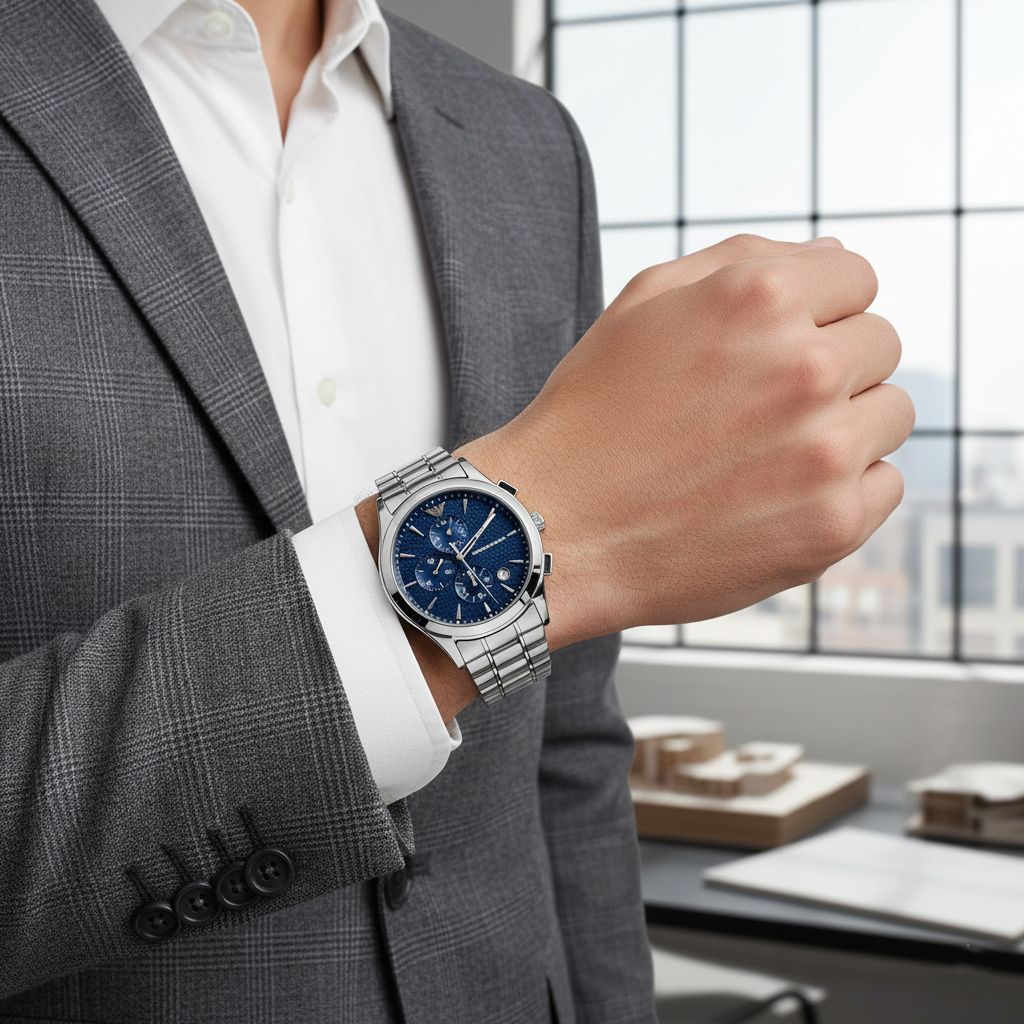 Emporio Armani Paolo AR11528 42mm Men's Chronograph Watch – Blue Sunray & Blue Stainless Steel Bracelet