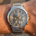 Emporio Armani Renato AR11047 43mm Men's Chronograph Watch – Grey Sunray & Silver Stainless Steel Bracelet