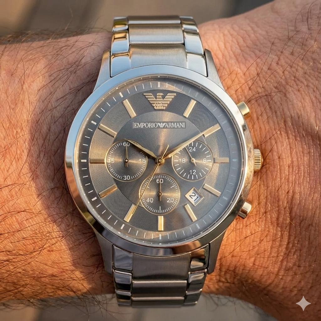 Emporio Armani Renato AR11047 43mm Men's Chronograph Watch – Grey Sunray & Silver Stainless Steel Bracelet