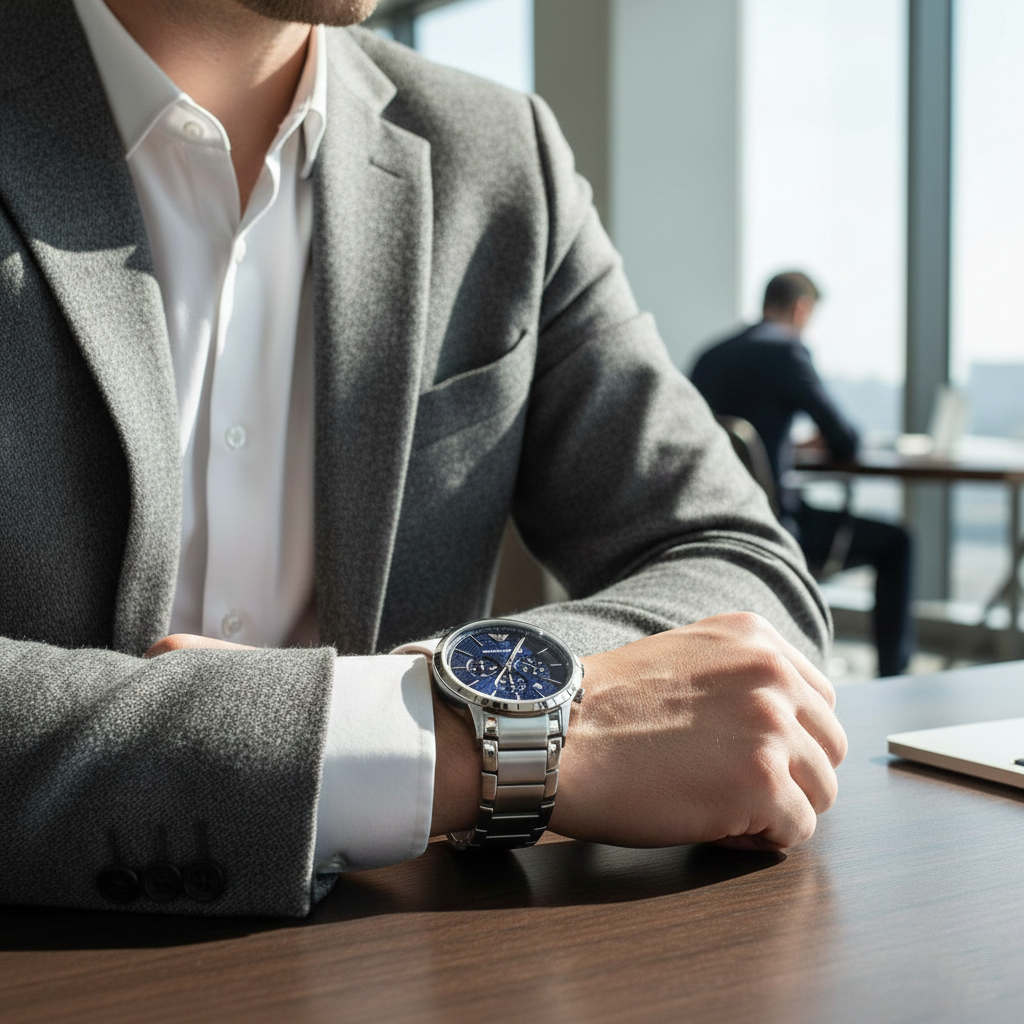 Emporio Armani Renato AR11164 43mm Men's Chronograph Watch – Navy Blue Sunray & Silver Stainless Steel Bracelet