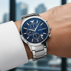 Emporio Armani Renato AR11164 43mm Men's Chronograph Watch – Navy Blue Sunray & Silver Stainless Steel Bracelet