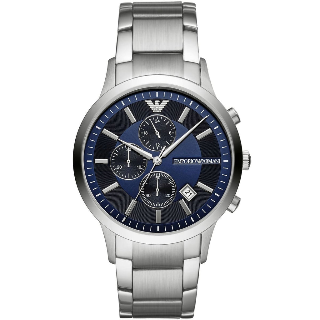 Emporio Armani Renato AR11164 43mm Men's Chronograph Watch – Navy Blue Sunray & Silver Stainless Steel Bracelet