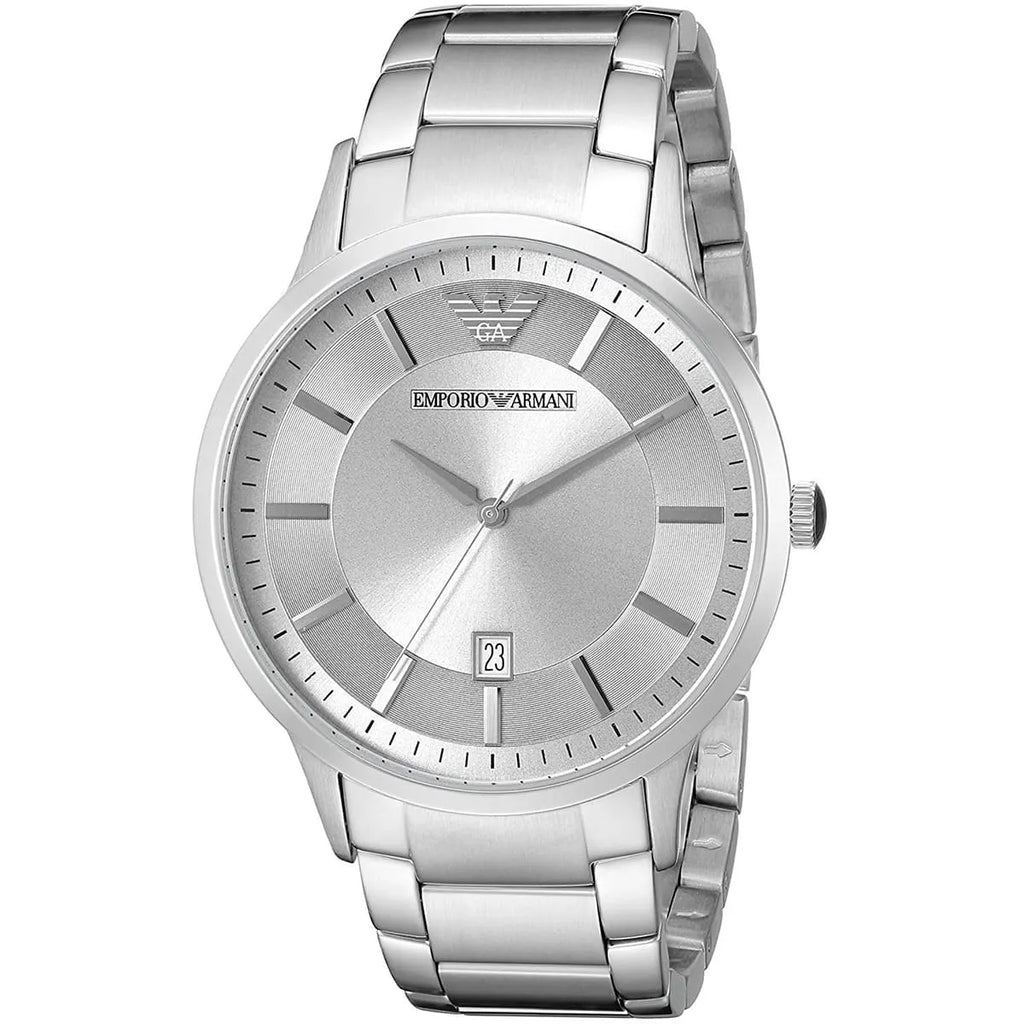 Emporio Armani Renato AR11189 43mm Men's Quartz Watch – Silver Sunray & Silver Stainless Steel Bracelet