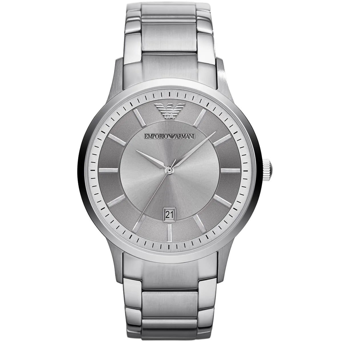 Emporio Armani Renato AR11189 43mm Men's Quartz Watch – Silver Sunray & Silver Stainless Steel Bracelet