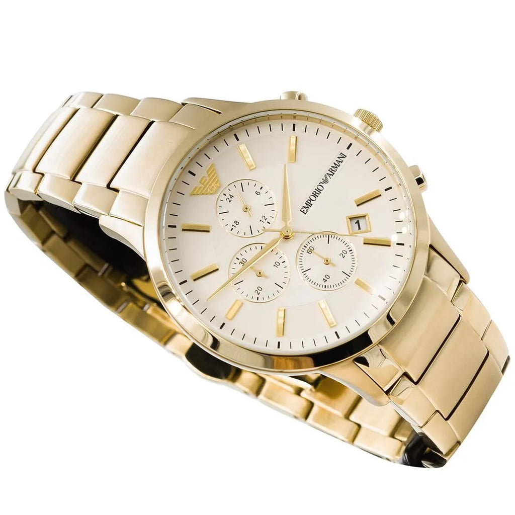 Emporio Armani Renato AR11332 43mm Men's Chronograph Watch – Off-White & Gold Stainless Steel Bracelet