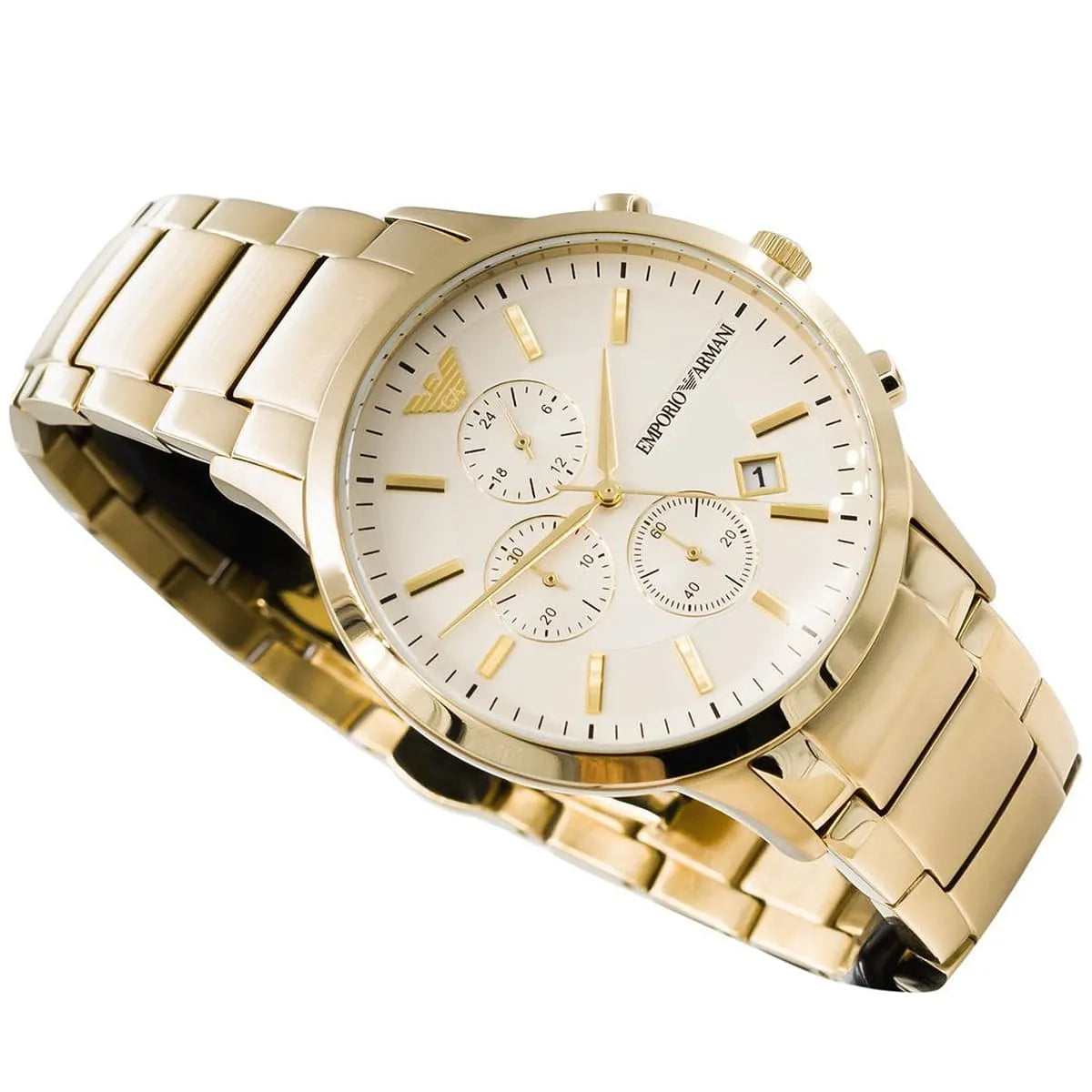 Emporio Armani Renato AR11332 43mm Men's Chronograph Watch – Off-White & Gold Stainless Steel Bracelet