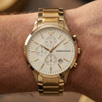 Emporio Armani Renato AR11332 43mm Men's Chronograph Watch – Off-White & Gold Stainless Steel Bracelet