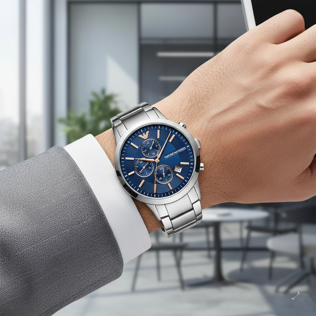 Emporio Armani Renato AR11458 43mm Men's Chronograph Watch – Royal Blue Textured & Royal Blue Stainless Steel Bracelet