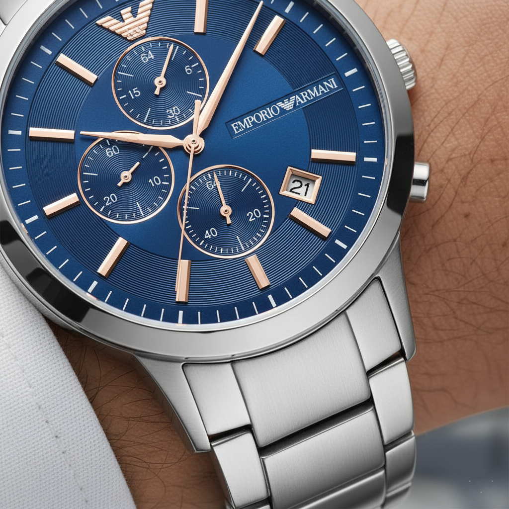 Emporio Armani Renato AR11458 43mm Men's Chronograph Watch – Royal Blue Textured & Royal Blue Stainless Steel Bracelet