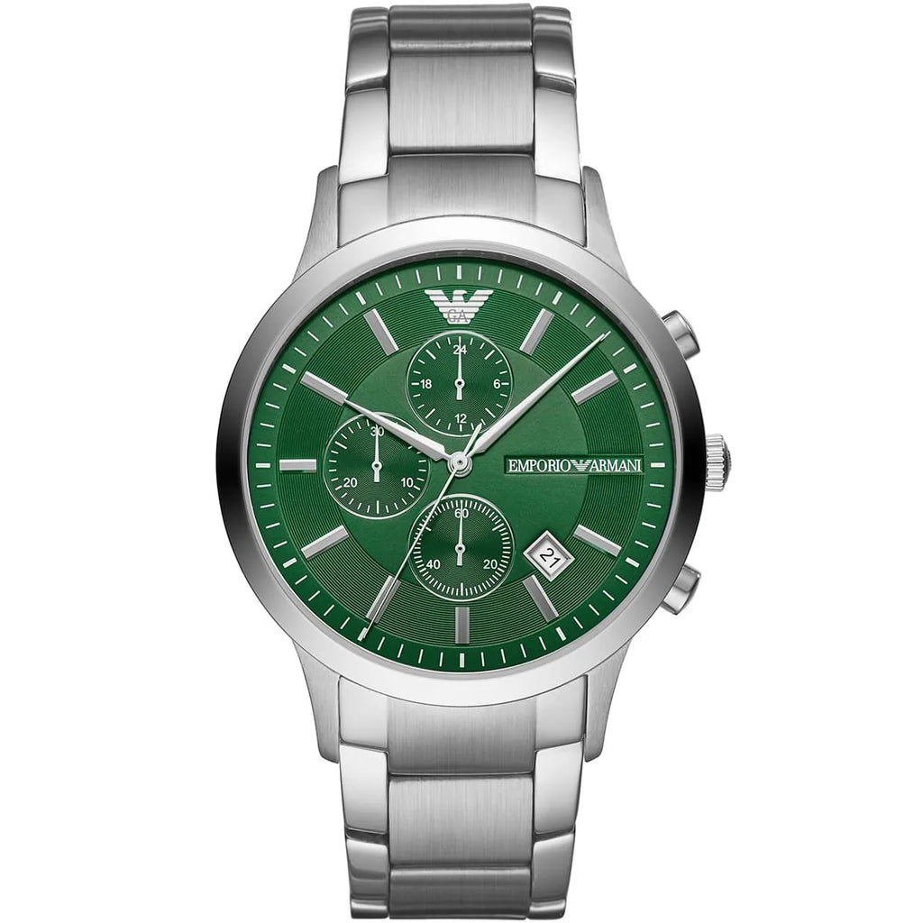 Emporio Armani Renato AR11507 Men's Chronograph Watch – Green Sunray & Silver Stainless Steel Bracelet