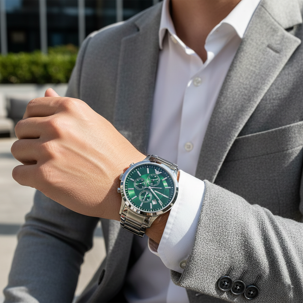 Emporio Armani Renato AR11507 Men's Chronograph Watch – Green Sunray & Silver Stainless Steel Bracelet