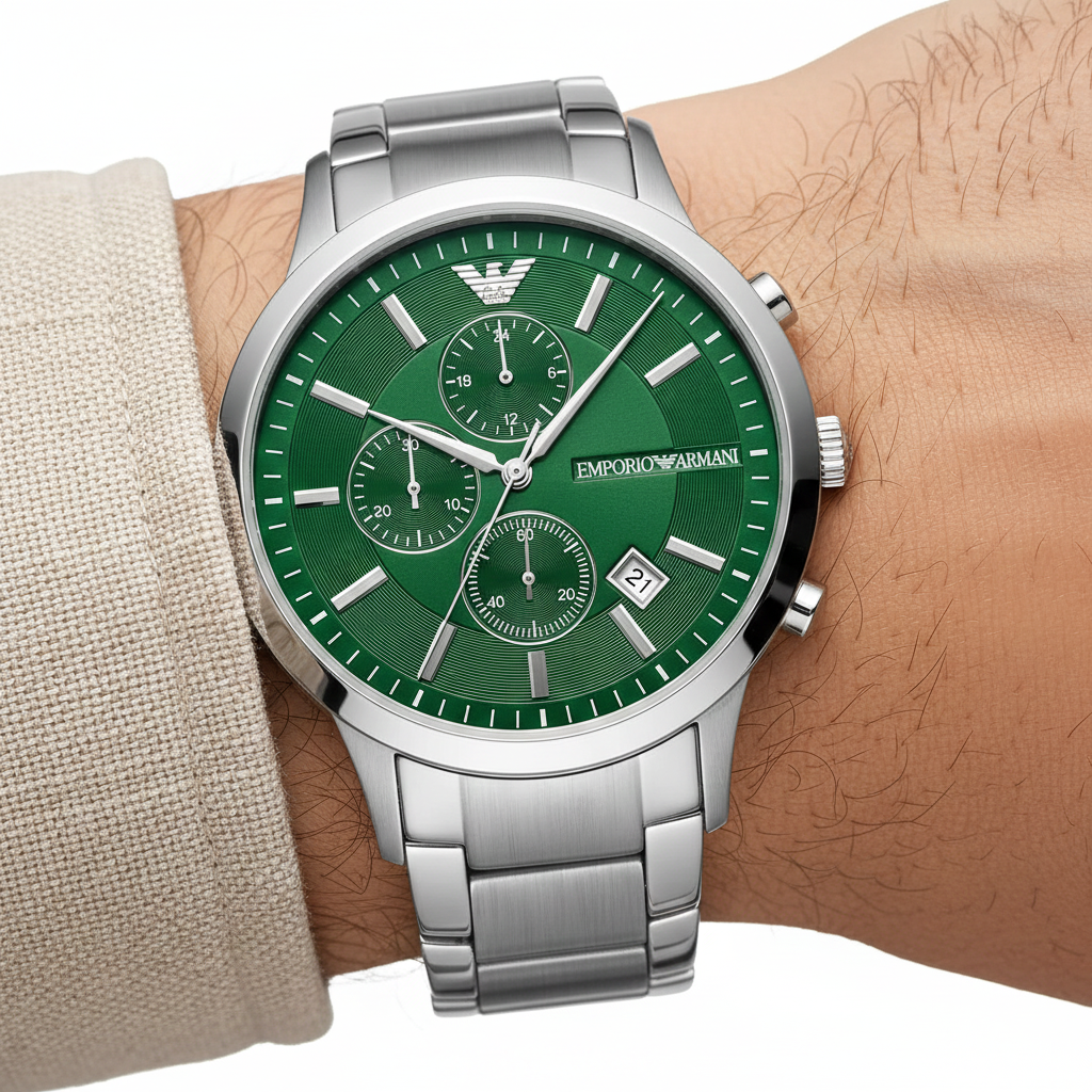 Emporio Armani Renato AR11507 Men's Chronograph Watch – Green Sunray & Silver Stainless Steel Bracelet