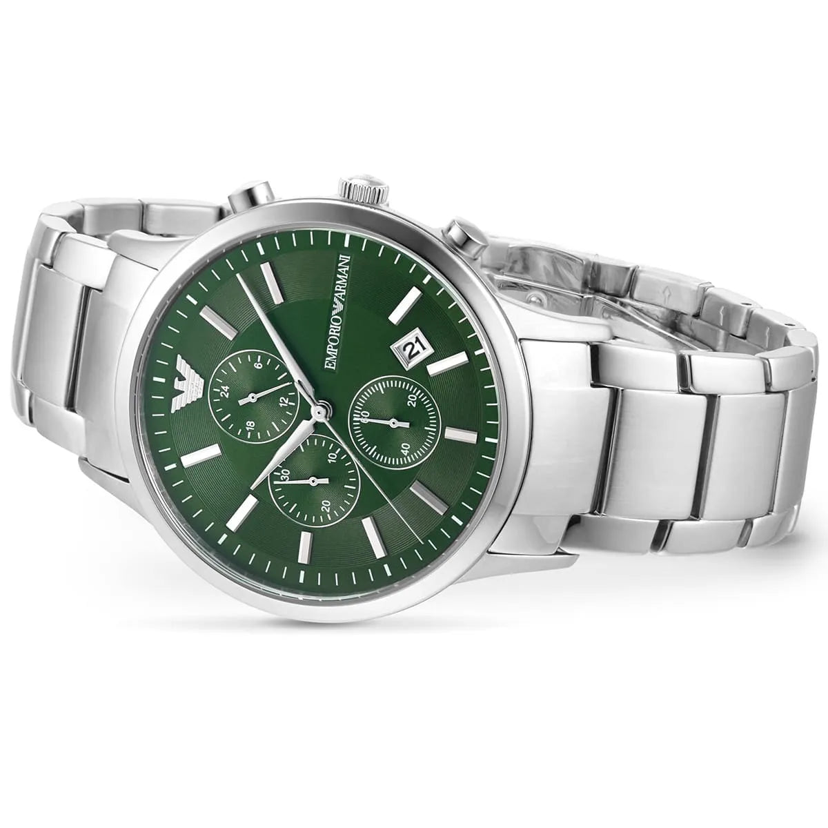 Emporio Armani Renato AR11507 Men's Chronograph Watch – Green Sunray & Silver Stainless Steel Bracelet