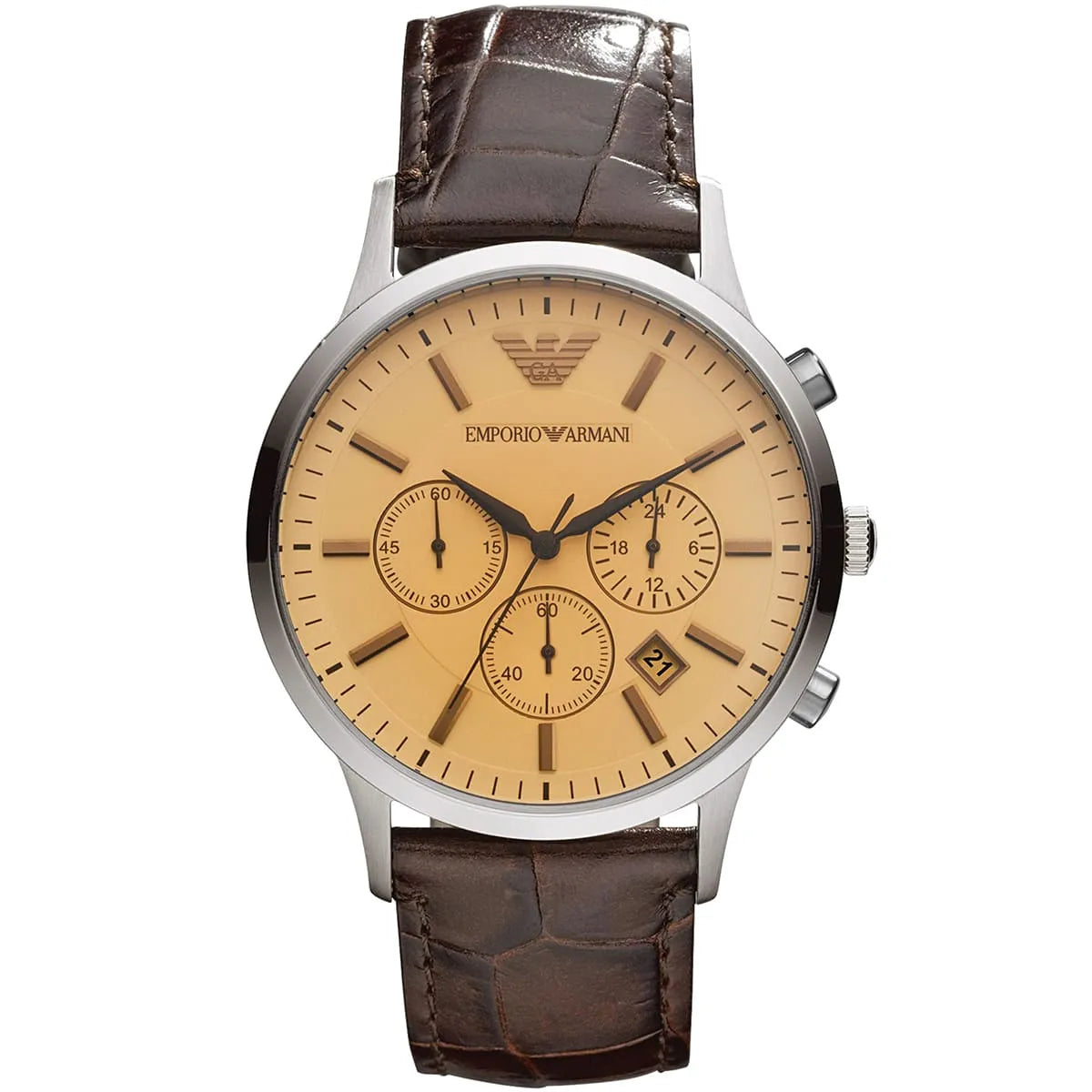 Emporio Armani Renato AR2433 43mm Men's Chronograph Watch – Champagne & Brown Genuine Leather Strap