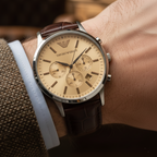 Emporio Armani Renato AR2433 43mm Men's Chronograph Watch – Champagne & Brown Genuine Leather Strap
