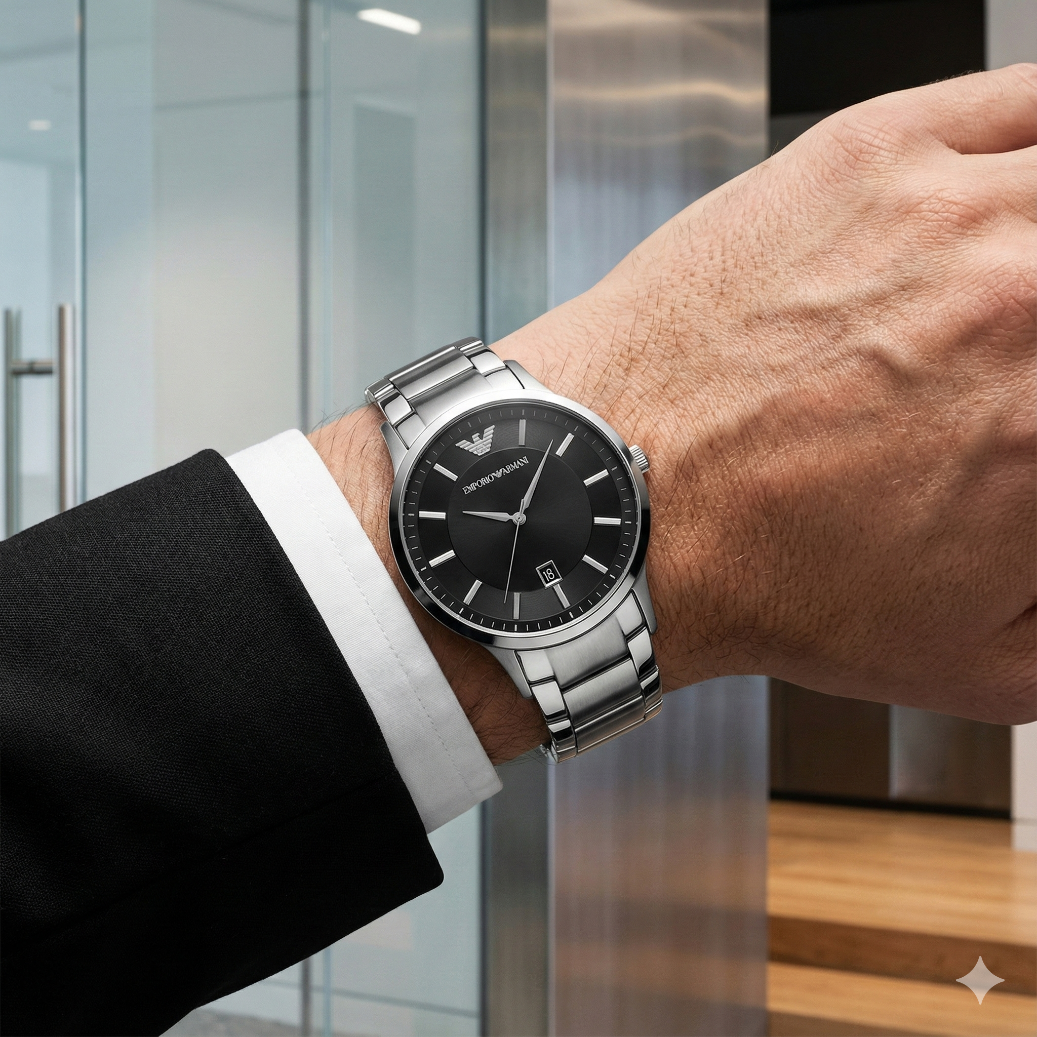Emporio Armani Renato AR2457 43mm Men's Quartz Watch – Black Sunray & Silver Stainless Steel Bracelet