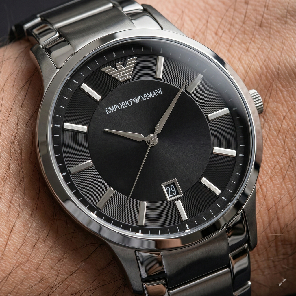 Emporio Armani Renato AR2457 43mm Men's Quartz Watch – Black Sunray & Silver Stainless Steel Bracelet