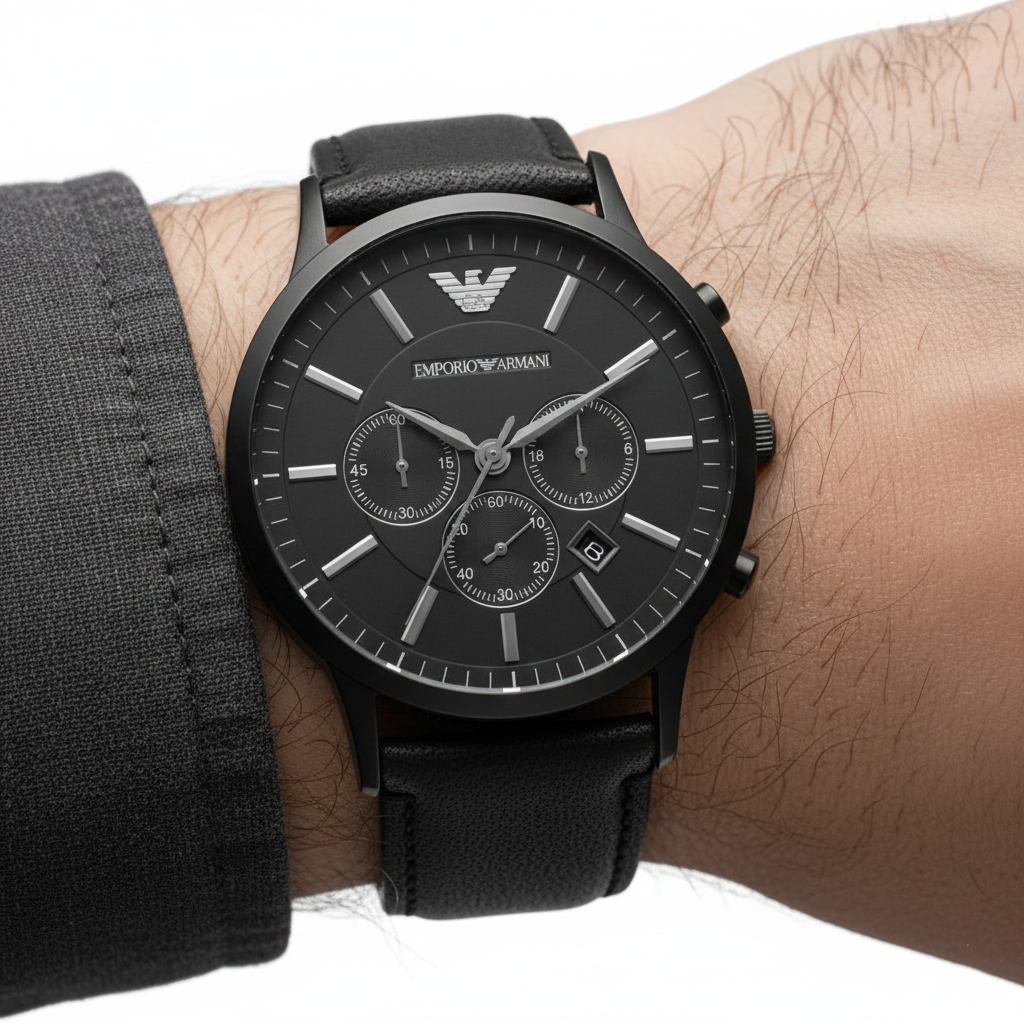 Emporio Armani Renato AR2461 46mm Men's Chronograph Watch – Black & Black Genuine Leather Strap