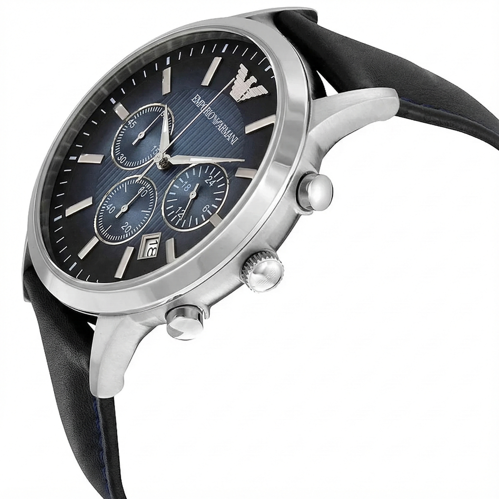 Emporio Armani Renato AR2473 43mm Men's Chronograph Watch – Navy Blue Textured & Navy Blue Genuine Leather Strap