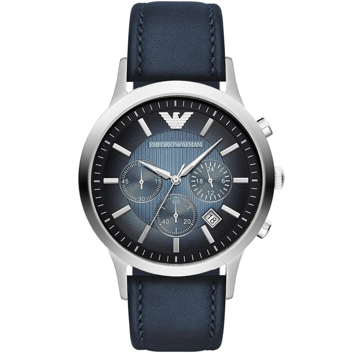 Emporio Armani Renato AR2473 43mm Men's Chronograph Watch – Navy Blue Textured & Navy Blue Genuine Leather Strap