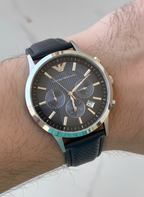 Emporio Armani Renato AR2473 43mm Men's Chronograph Watch – Navy Blue Textured & Navy Blue Genuine Leather Strap