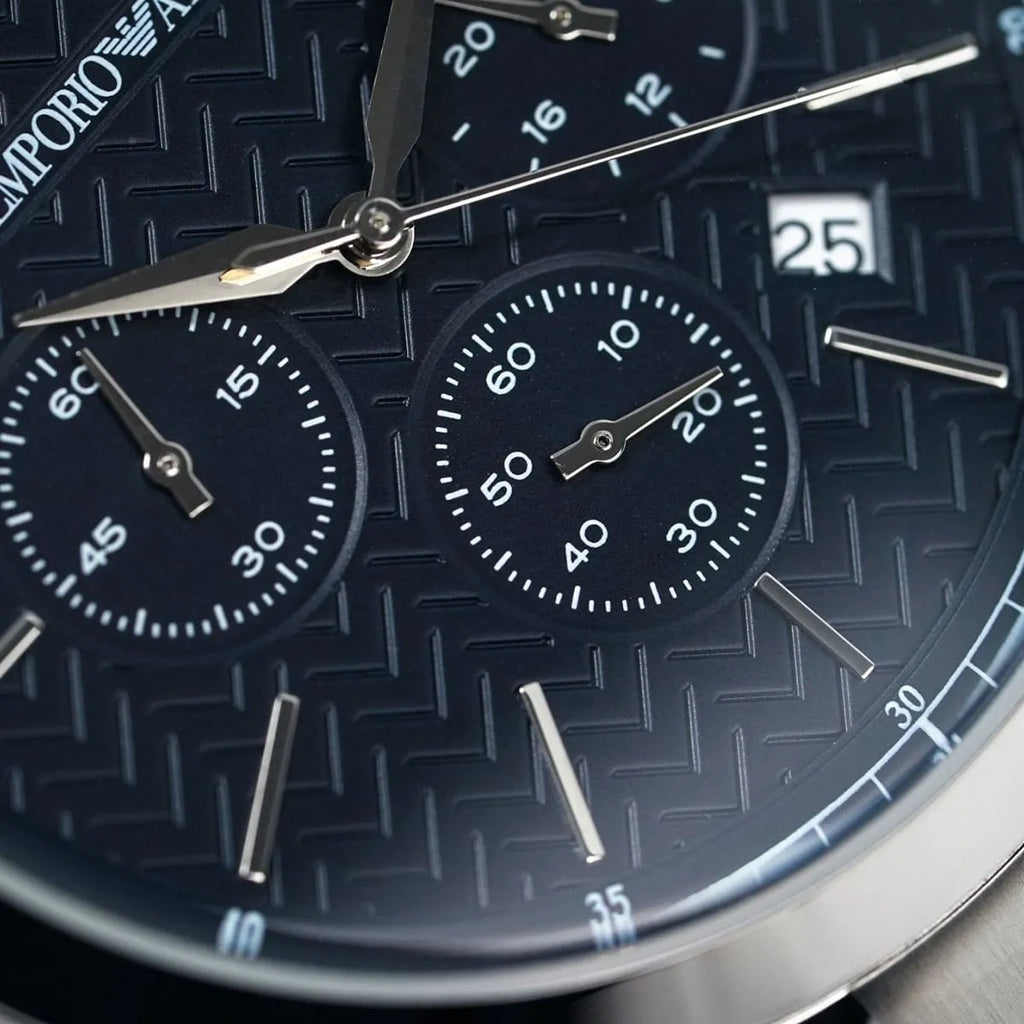 Emporio Armani Renato AR2486 43mm Men's Chronograph Watch – Navy Blue Textured & Blue Stainless Steel Bracelet