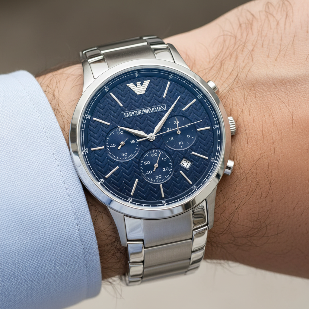 Emporio Armani Renato AR2486 43mm Men's Chronograph Watch – Navy Blue Textured & Blue Stainless Steel Bracelet