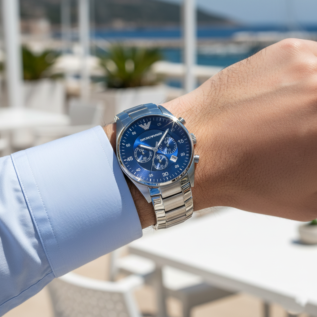 Emporio Armani Retro AR5860 43mm Men's Chronograph Watch – Royal Blue Sunray & Royal Blue Stainless Steel Bracelet