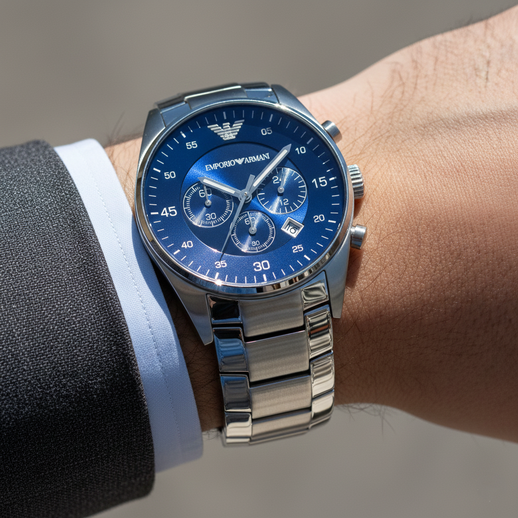 Emporio Armani Retro AR5860 43mm Men's Chronograph Watch – Royal Blue Sunray & Royal Blue Stainless Steel Bracelet
