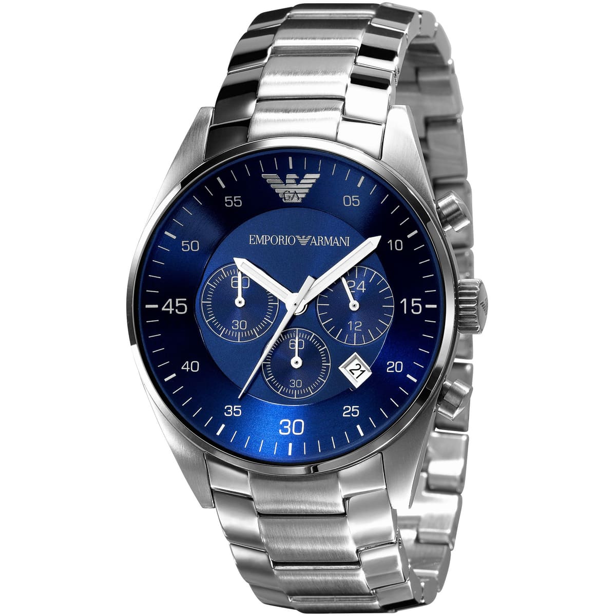 Emporio Armani Retro AR5860 43mm Men's Chronograph Watch – Royal Blue Sunray & Royal Blue Stainless Steel Bracelet